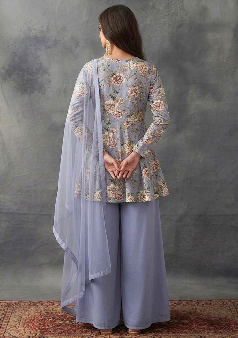 Periwinkle Blue Printed Crepe Sharara Set - Indya