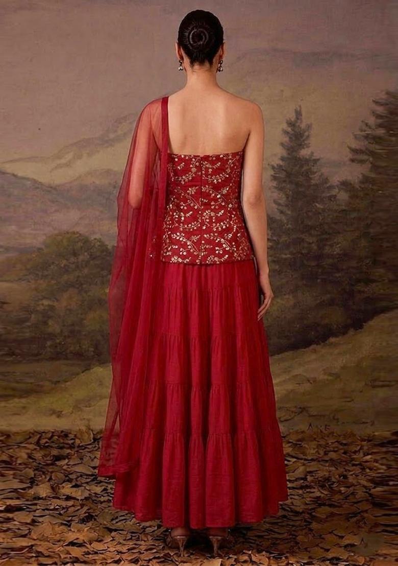 Crimson Red Embroidered Crepe Lehenga Set - Indya