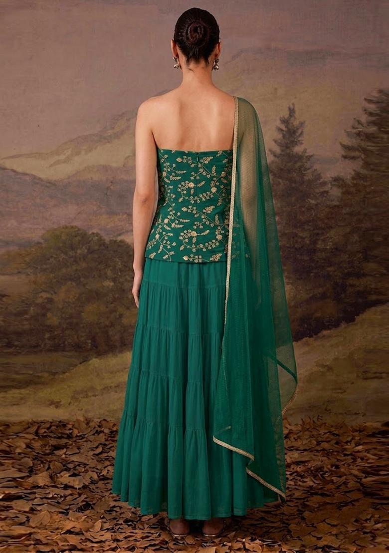 Green Embroidered Crepe Lehenga Set - Indya