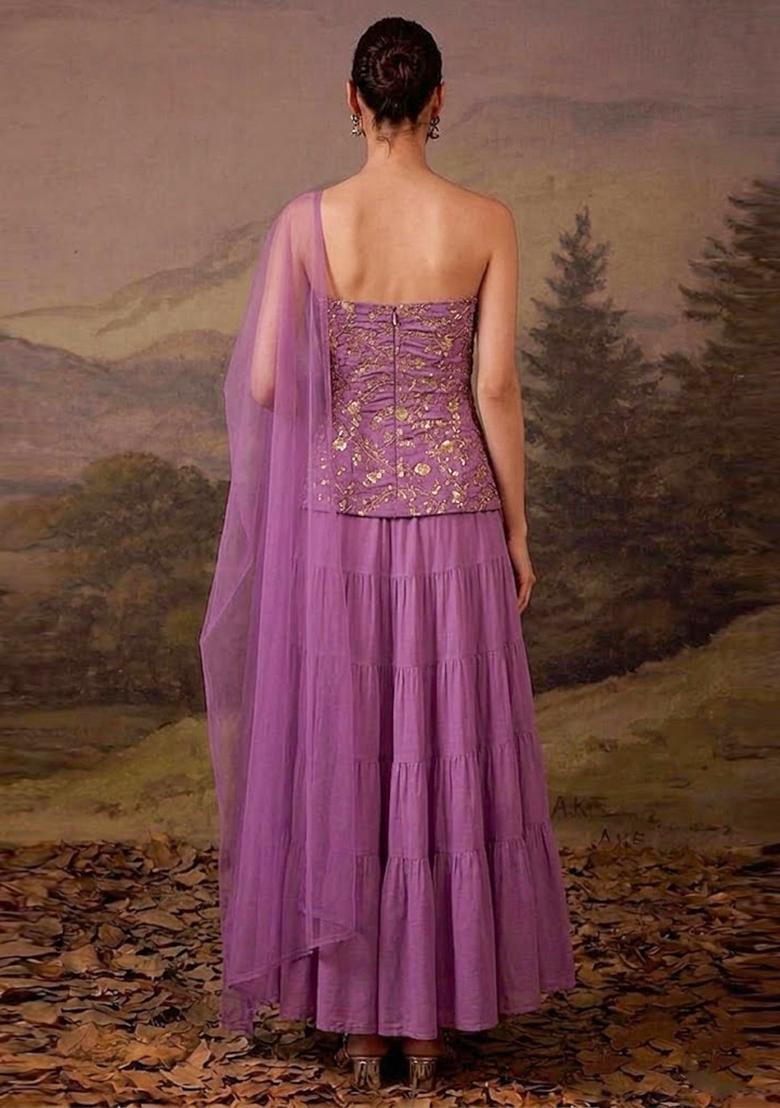 Lilac Purple Embroidered Crepe Lehenga Set - Indya