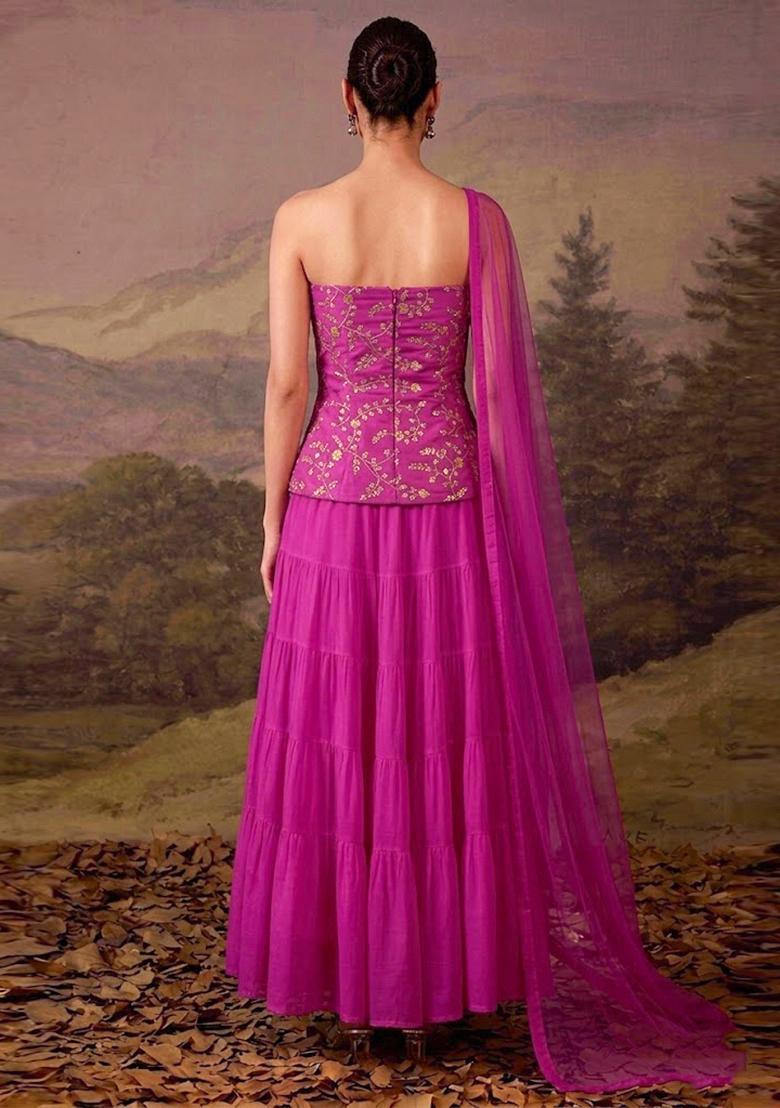 Magenta Pink Embroidered Crepe Lehenga Set - Indya