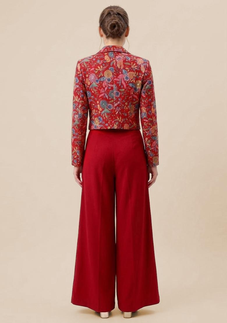 Ruby Red Printed Crepe Fusion Set - Indya