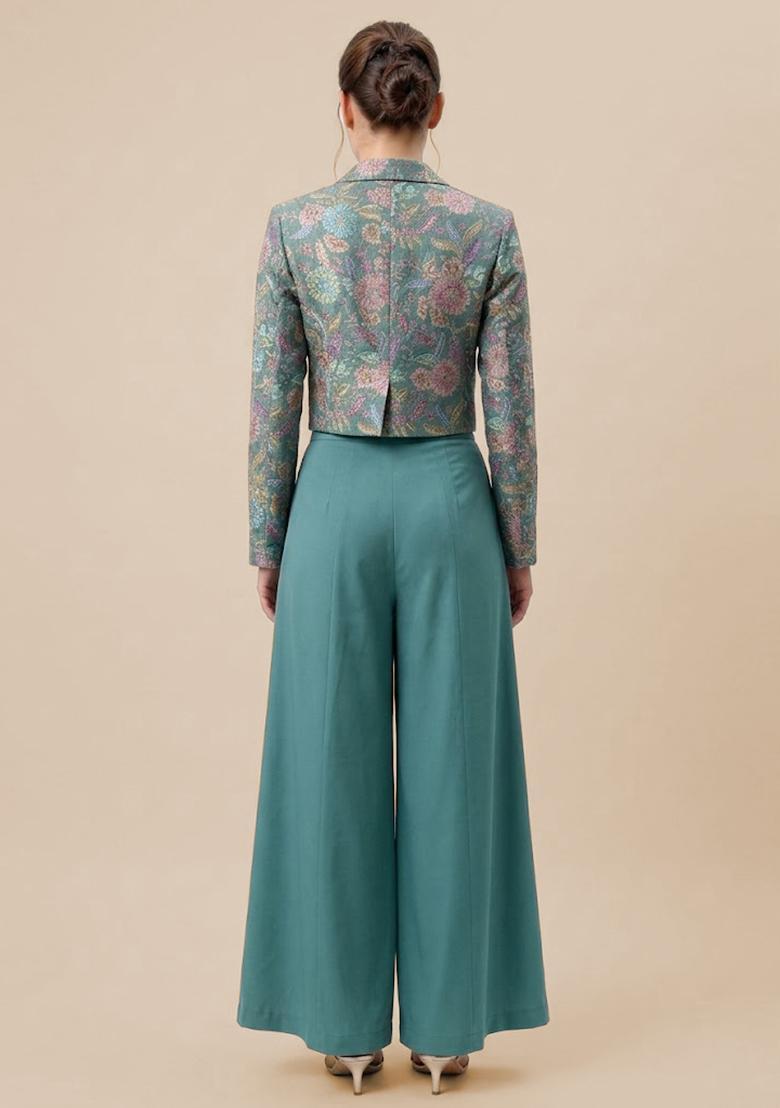 Aqua Blue Printed Crepe Fusion Set - Indya
