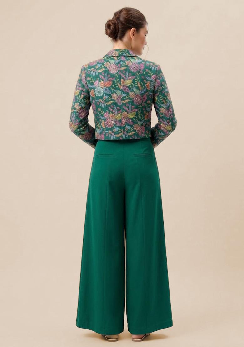 Emerald Green Printed Crepe Fusion Set - Indya