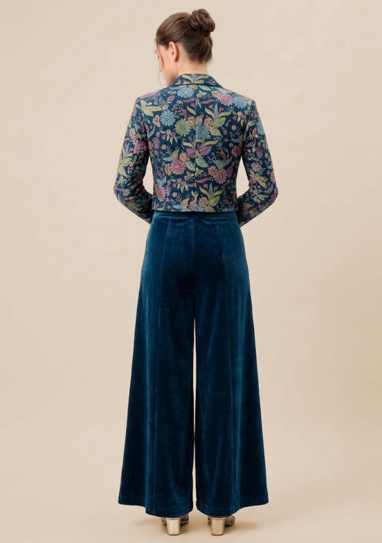 Royal Blue Printed Crepe Fusion Set - Indya