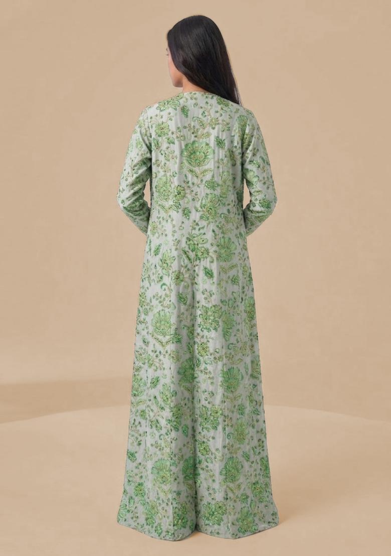 Mint Green Printed Crepe Fusion Set - Indya