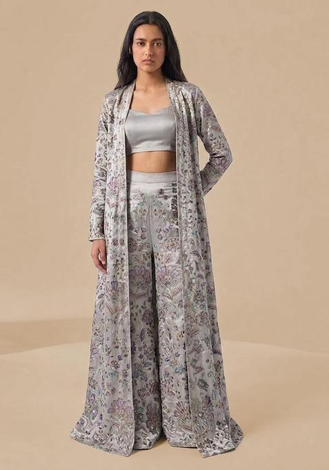 Silver Grey Printed Crepe Fusion Set