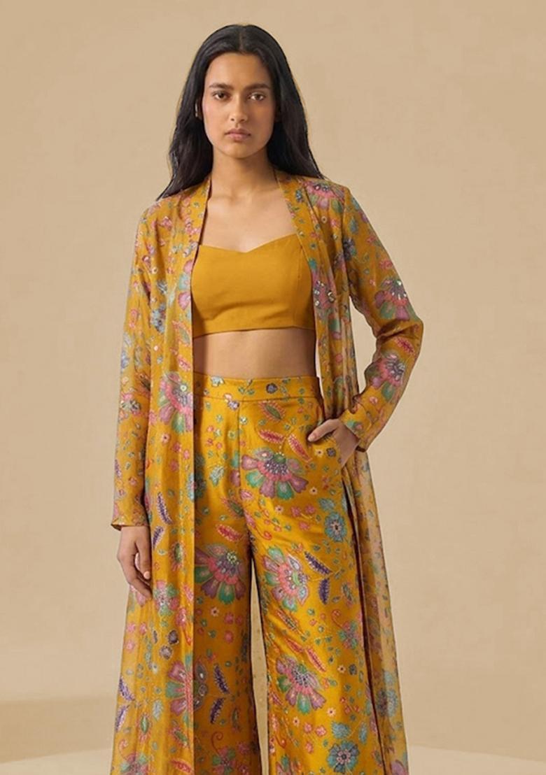 Mustard Printed Crepe Fusion Set - Indya