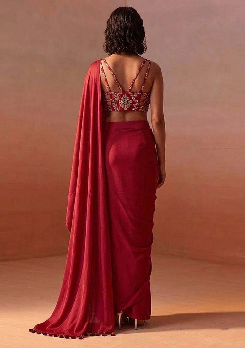 Crimson Red Embroidered Crepe Pre Draped Saree Set - Indya