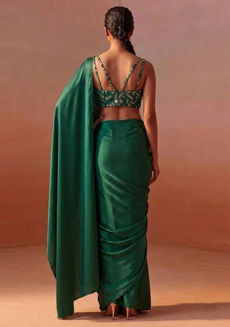 Bottle Green Embroidered Crepe Pre Draped Saree Set - Indya