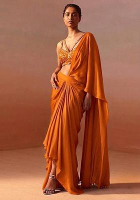 Orange Embroidered Crepe Pre Draped Saree Set