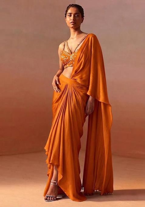 Orange Embroidered Crepe Pre Draped Saree Set