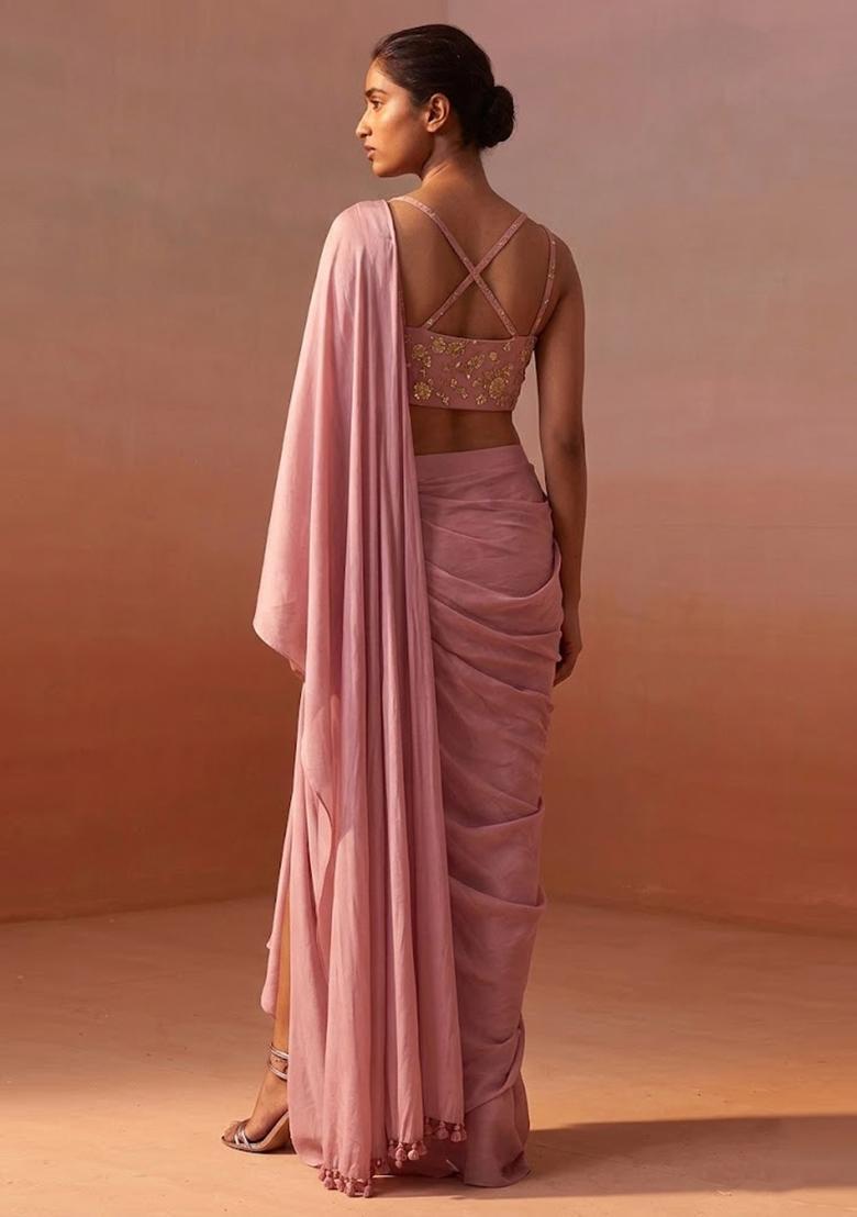 Dusty Rose Embroidered Crepe Pre Draped Saree Set - Indya