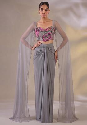 Steel Grey Printed Georgette Fusion Set