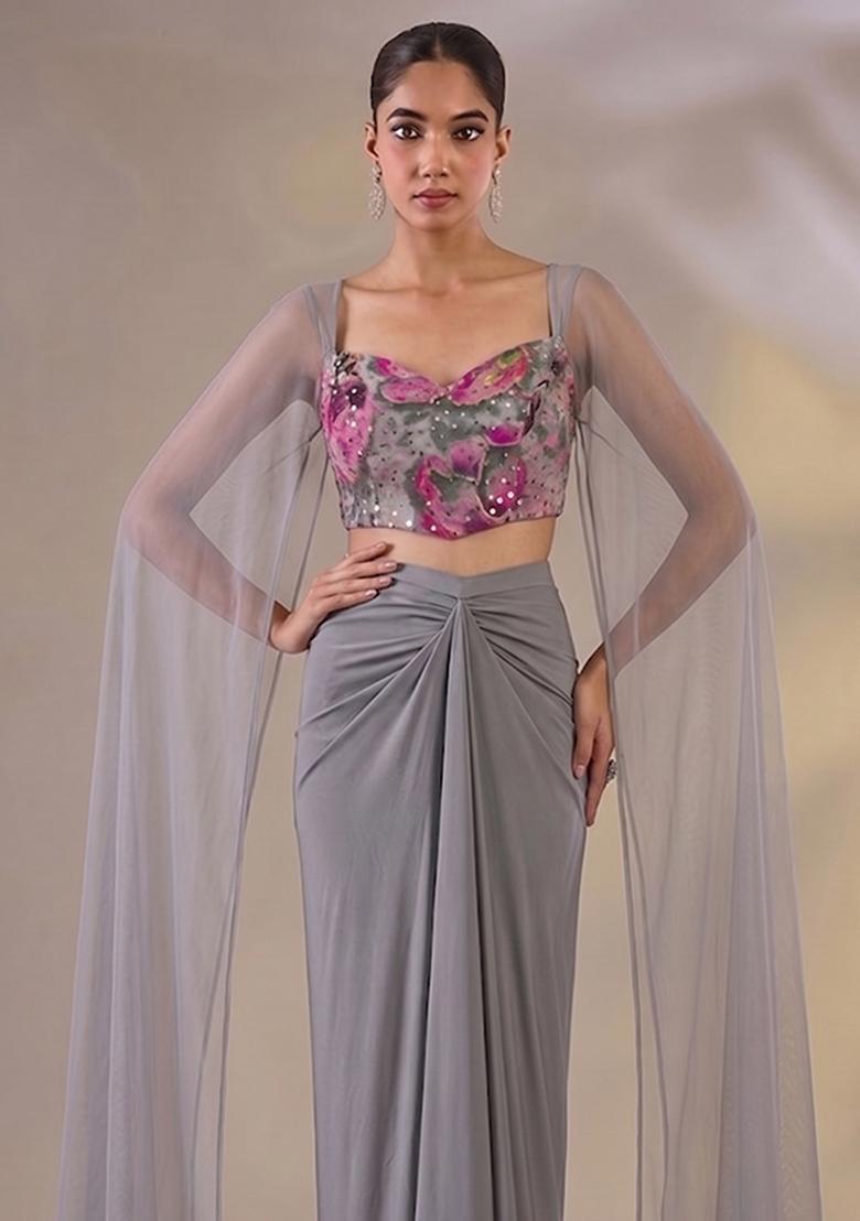 Steel Grey Printed Georgette Fusion Set - Indya