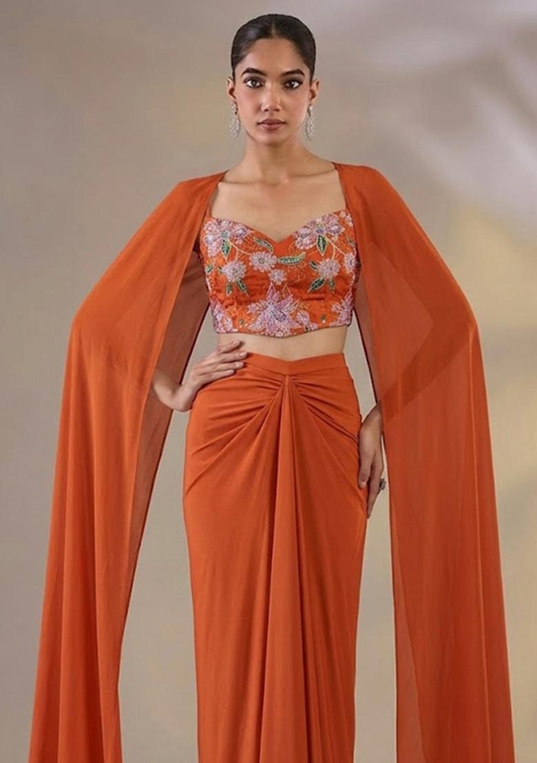 Burnt Orange Printed Tissue Fusion Set - Indya