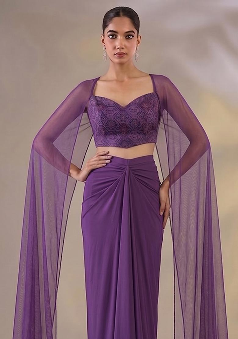 Deep Violet Printed Organza Fusion Set - Indya