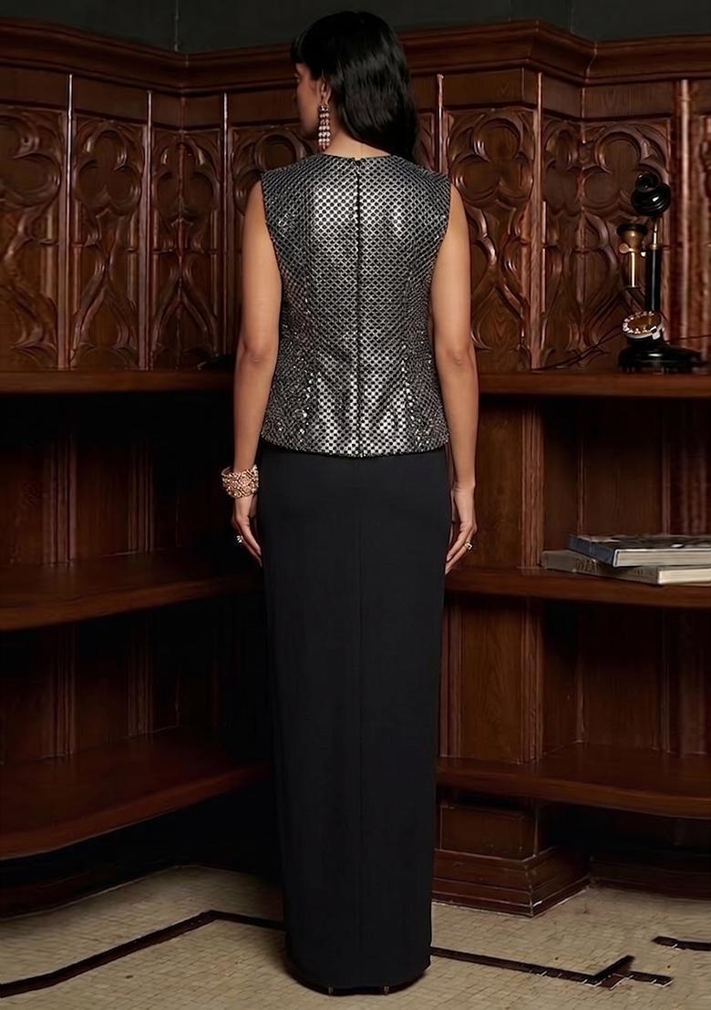 Jet Black Embroidered Georgette Fusion Set - Indya