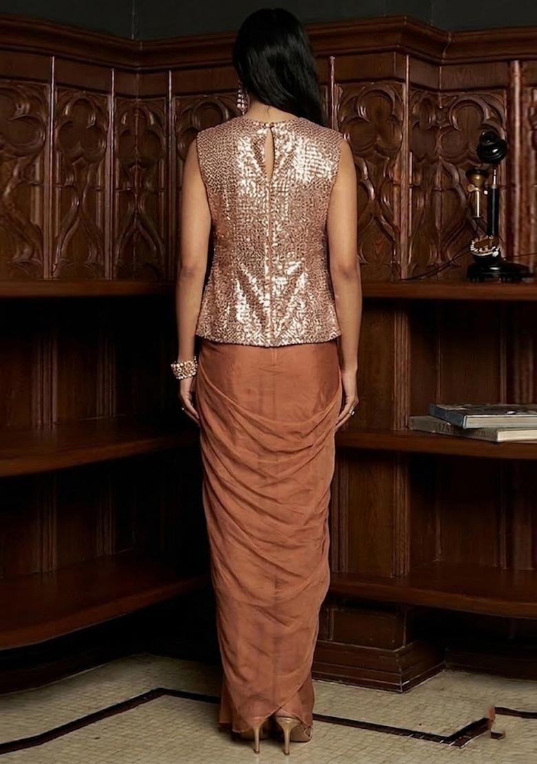 Rose Gold Embroidered Georgette Fusion Set - Indya