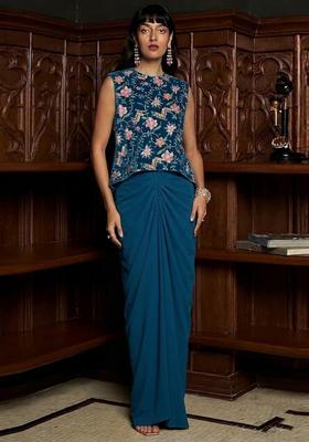 Blue Printed Crepe Fusion Set