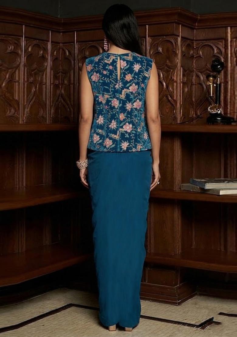 Blue Printed Crepe Fusion Set - Indya