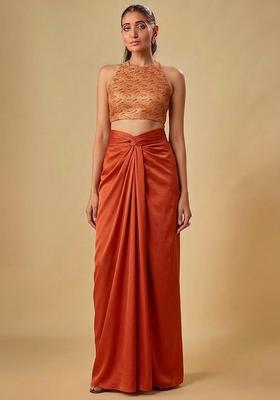 Rust Orange Embroidered Georgette Fusion Set