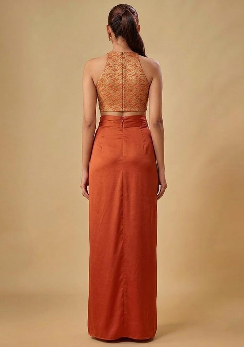Rust Orange Embroidered Georgette Fusion Set - Indya