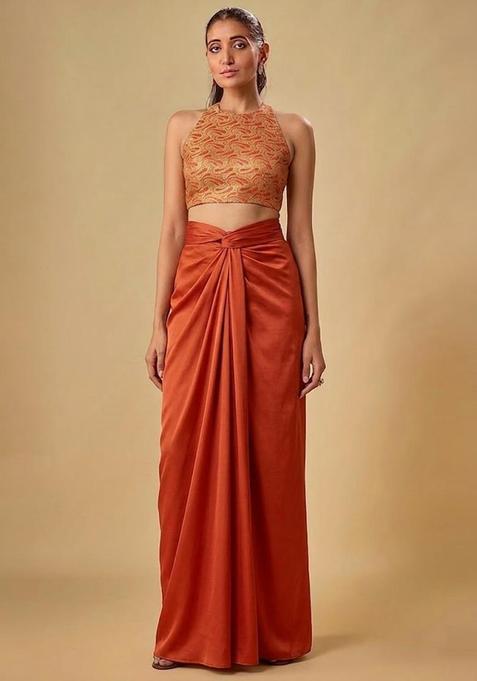 Rust Orange Embroidered Georgette Fusion Set
