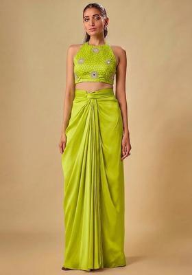 Lime Green Printed Crepe Fusion Set