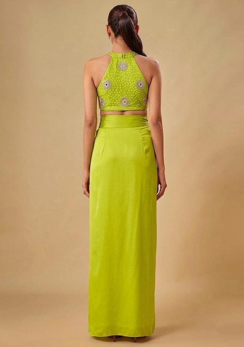 Lime Green Printed Crepe Fusion Set - Indya