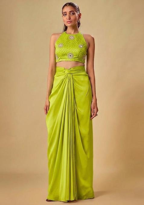 Lime Green Printed Crepe Fusion Set