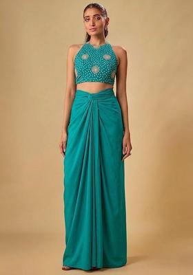 Blue Printed Crepe Fusion Set