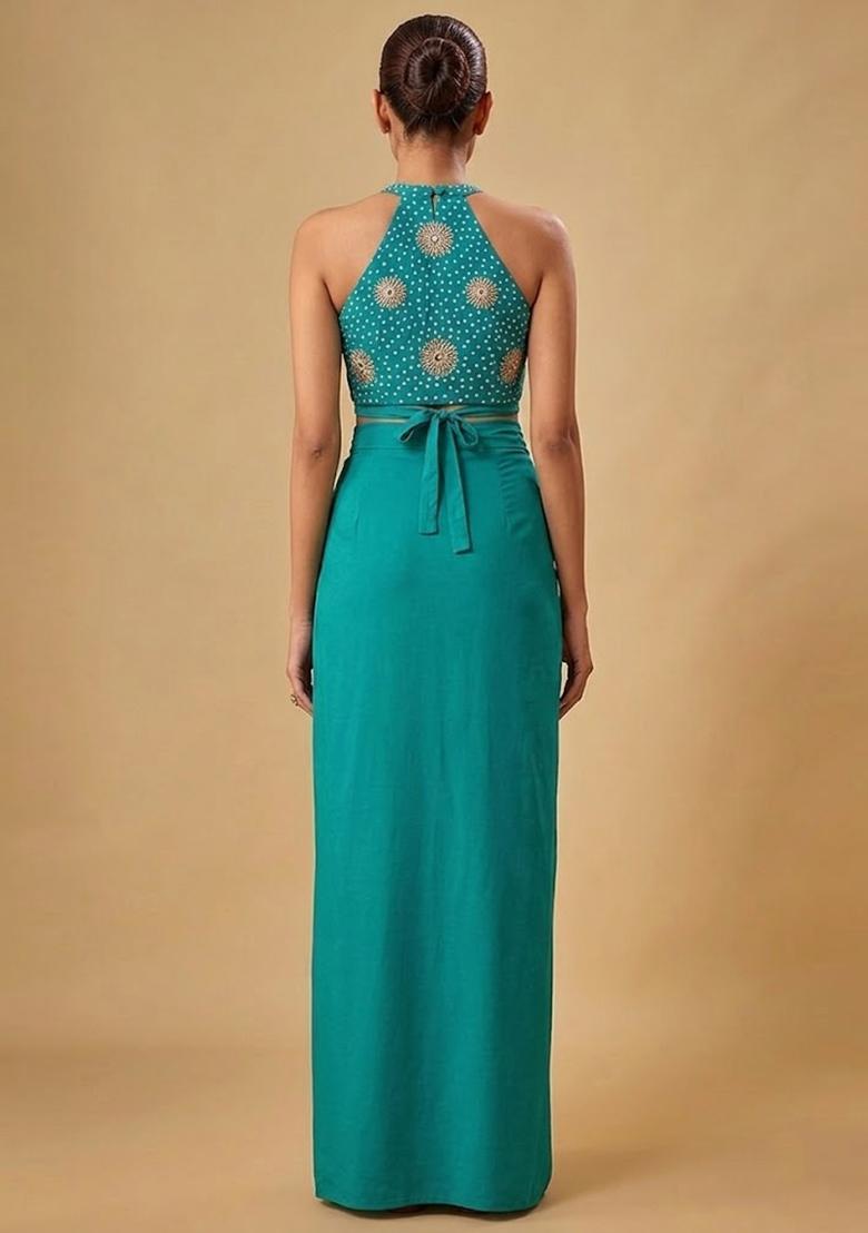 Blue Printed Crepe Fusion Set - Indya