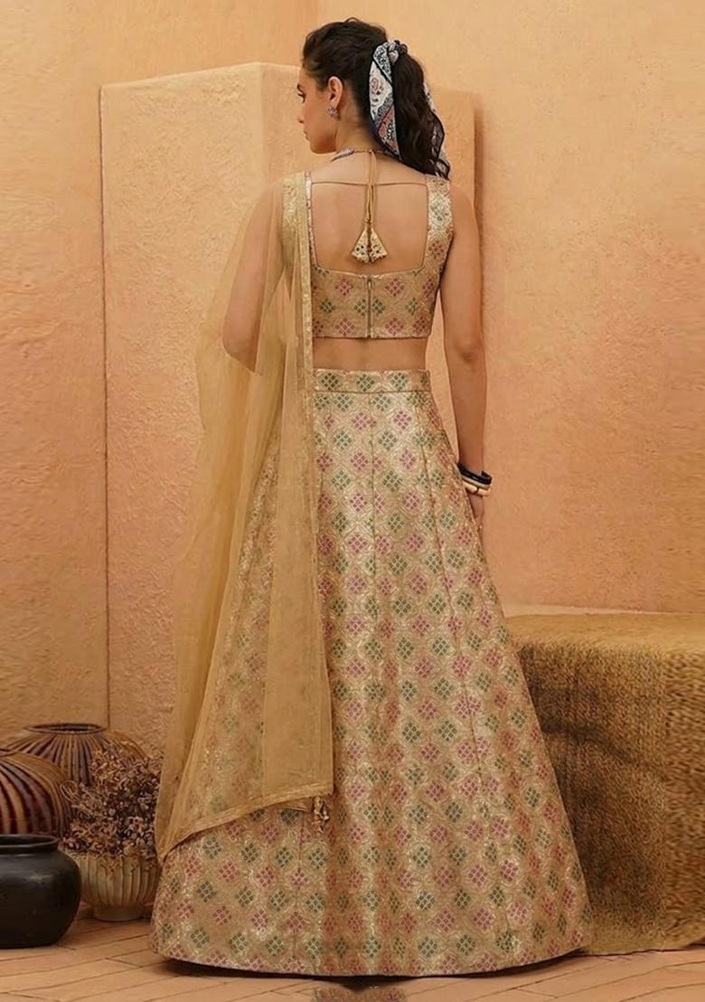 Antique Gold Zari Silk Blend Lehenga Set - Indya