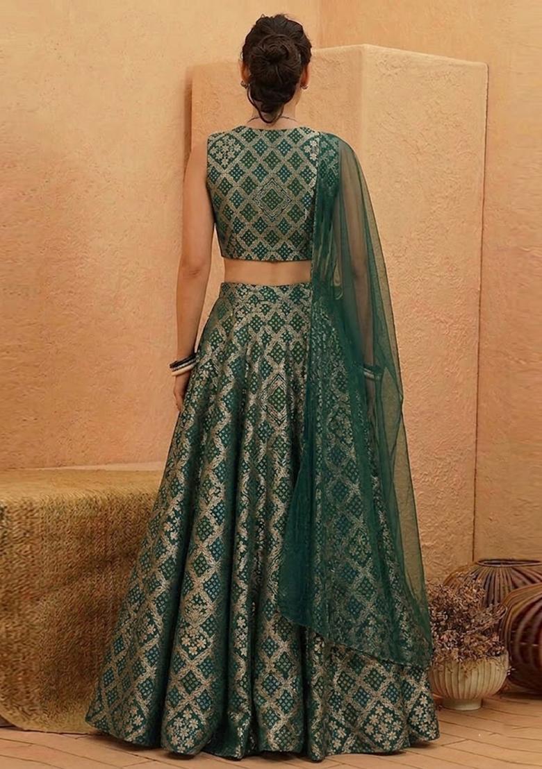 Bottle Green Zari Silk Blend Lehenga Set - Indya