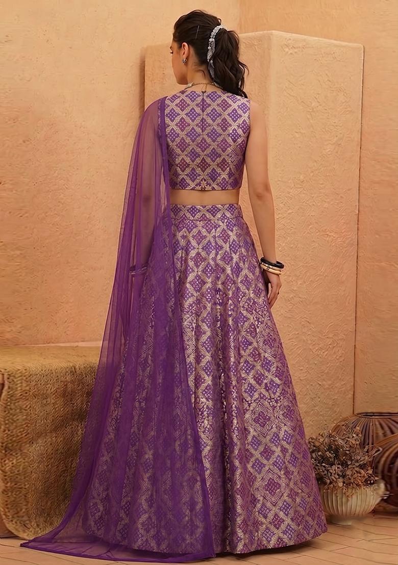 Violet Purple Printed Crepe Lehenga Set - Indya