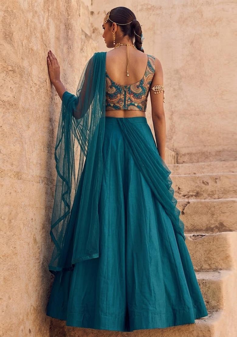 Teal Blue Printed Brocade Lehenga Set - Indya