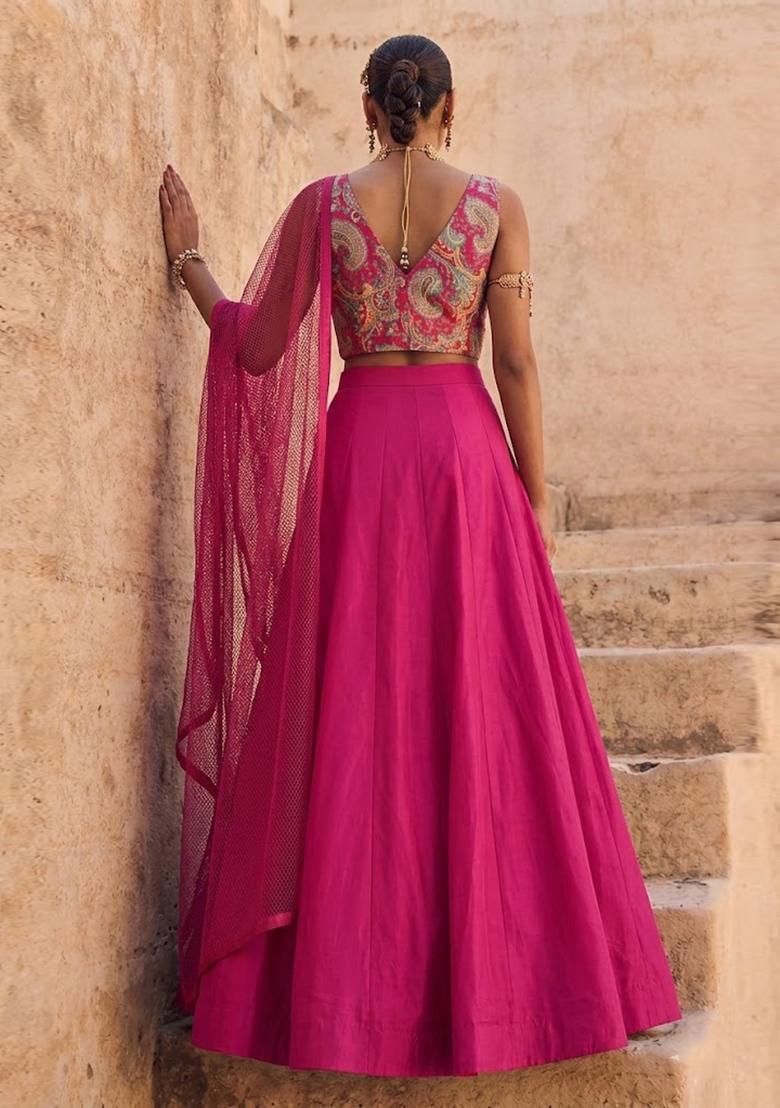 Magenta Pink Printed Brocade Lehenga Set - Indya