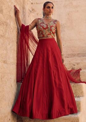 Crimson Red Printed Brocade Lehenga Set