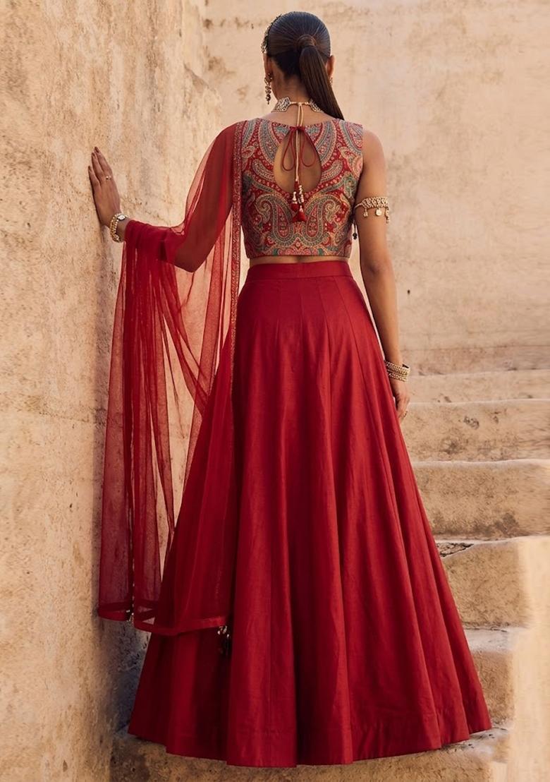 Crimson Red Printed Brocade Lehenga Set - Indya