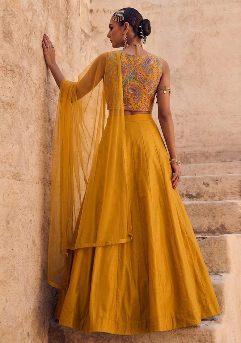 Mustard Yellow Printed Brocade Lehenga Set - Indya