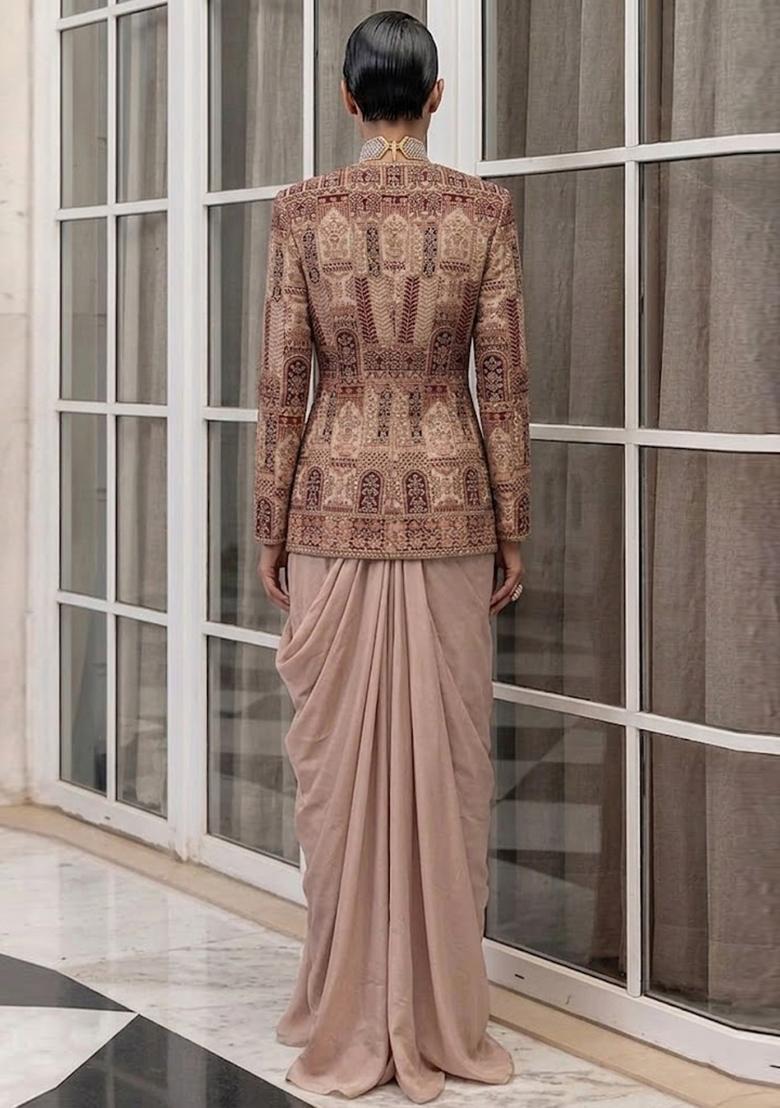 Beige Embroidered Crepe Fusion Set - Indya