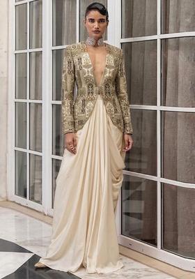 Cream Embroidered Crepe Fusion Set