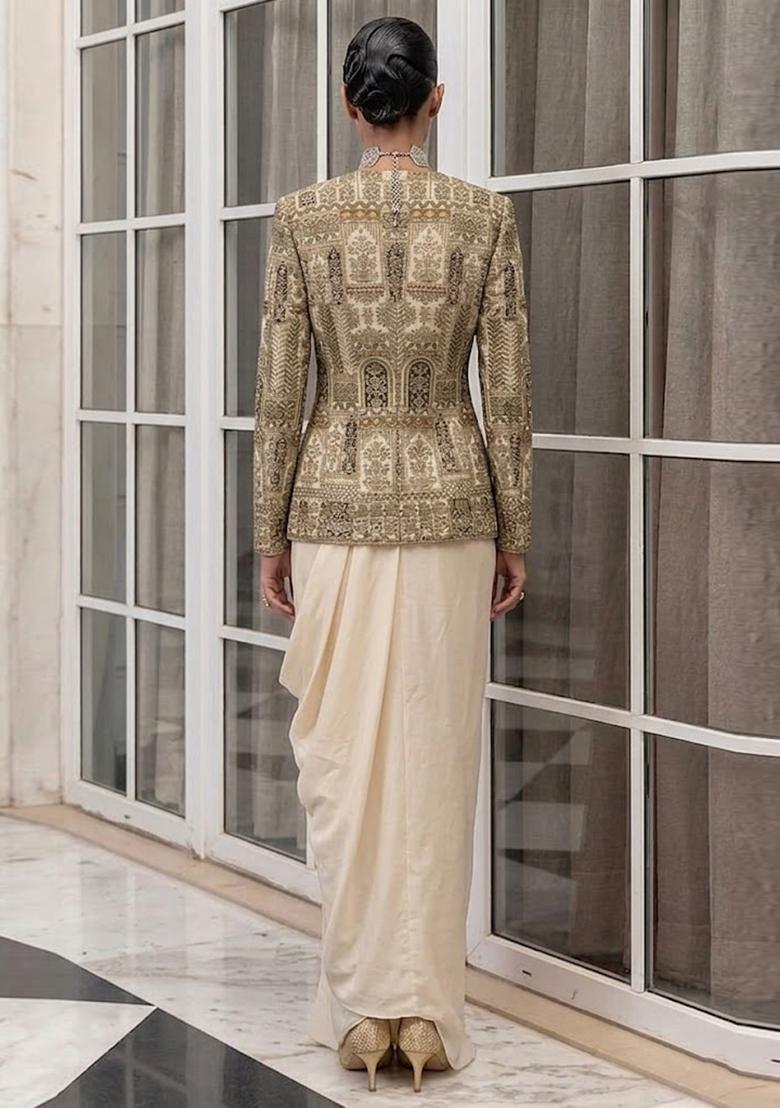 Cream Embroidered Crepe Fusion Set - Indya