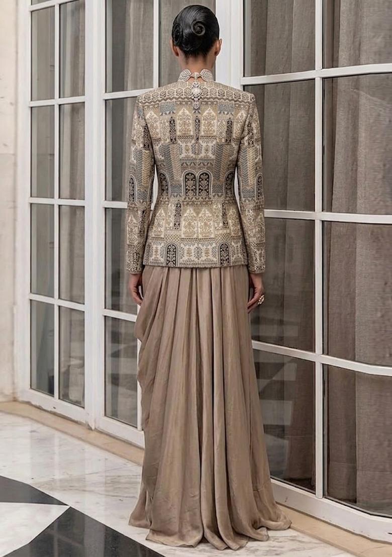 Taupe Embroidered Crepe Fusion Set - Indya