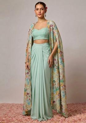 Mint Green Printed Crepe Fusion Set