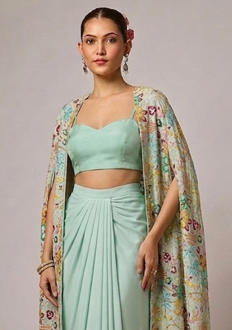 Mint Green Printed Crepe Fusion Set - Indya