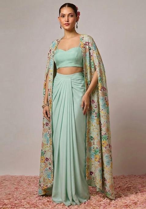 Mint Green Printed Crepe Fusion Set