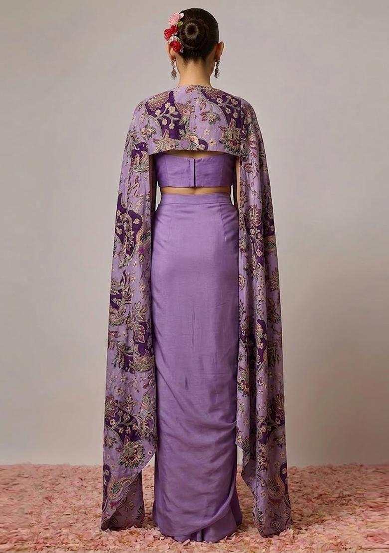 Lavender Purple Printed Crepe Fusion Set - Indya