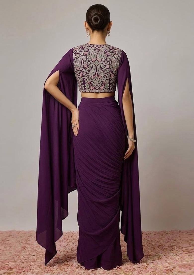 Deep Plum Printed Crepe Fusion Set - Indya